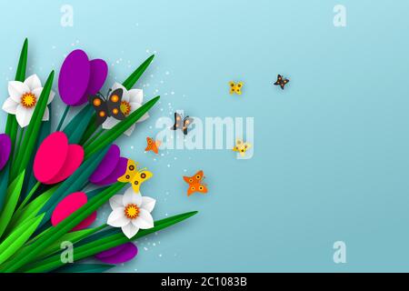 Spring floral composition with paper cut flowers. Stock Vector