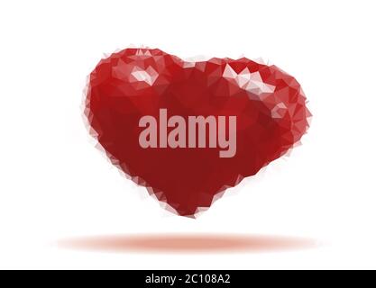 Red origami heart on white background with shadow. Illustration. Abstract polygonal heart. Love symbol. Low-poly colorful style. Stock Photo