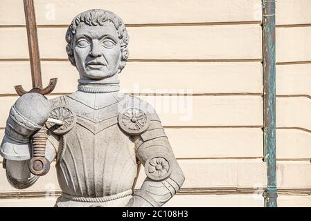 Magdeburger Roland Knight ancient statue in front of Old City Hall (Rathaus), Magdeburg, Saxony Anhalt, Germany Stock Photo