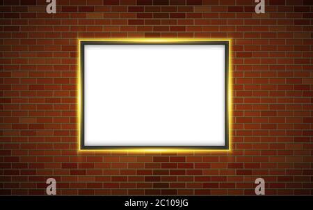 picture frame and neon light on the brickwall Stock Vector