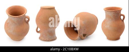 Handmade clay jugs panorama isolated on white background. Stock Photo