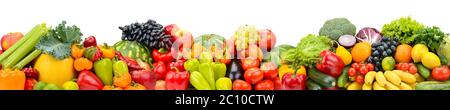Panorama multicolored fresh fruits and vegetables isolated on white background. Stock Photo