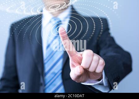 businessman touching virtual screen with cyber icon Stock Photo