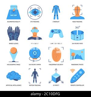 Virtual reality icon set in flat style. Modern computer technology symbols collection. Vector illustration. Stock Vector