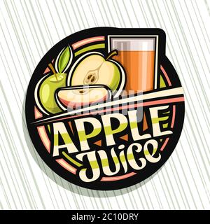 Vector logo for Apple Juice, dark decorative label with illustration of fruit drink in glass and 3 cartoon apples, fruit concept with unique lettering Stock Vector