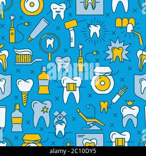 Bright stomatology and orthodontics seamless pattern in colored line style. Repeating background with teeth care symbols. Vector illustration. Stock Vector