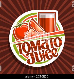 Vector logo for Tomato Juice, decorative cut paper label with illustration of vegan drink in glass and 3 cartoon tomatoes, veg concept with unique let Stock Vector