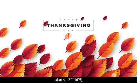 Happy Thanksgiving holiday design with bright autumn leaves and greeting text. White background, vector illustration. Stock Vector