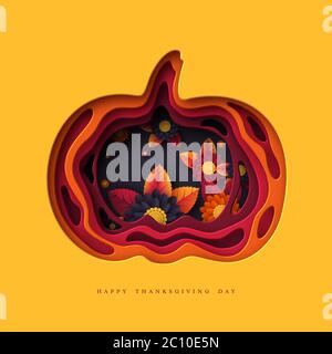 Happy Thanksgiving holiday background. 3d layered effect pumpkin with bright autumn flowers, leaves and greeting text, vector illustration. Stock Vector