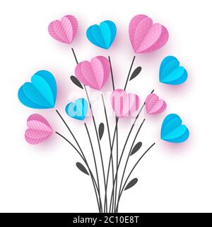 Bouquet with branch and pink and blue hearts. Stock Vector