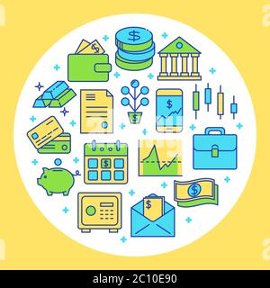Finance and money round concept in colored line style. Banking and investment activities symbols. Financial banner template. Vector illustration. Stock Vector