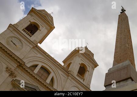 Twin Belfries of Trinita dei Monti Renaissance Church with Egyptian Obelisk Stock Photo