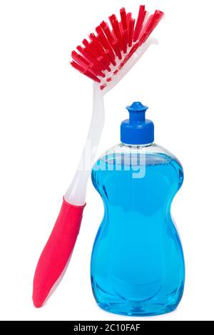 Dishwashing detergent with red brush Stock Photo
