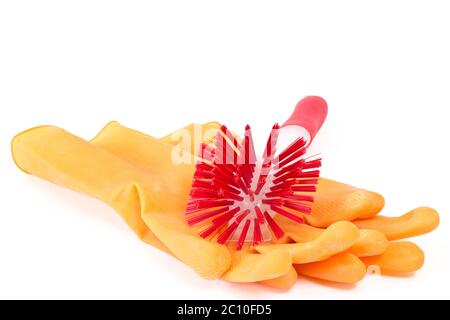 Red dish washing brush Stock Photo