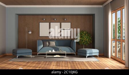Modern living room with elegant blue sofa and footstool against wooden wall - 3d rendering Stock Photo