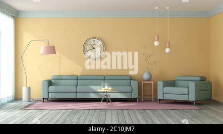 Minimalist living room with blue sofa and armchair against yellow wall - 3d rendering Stock Photo