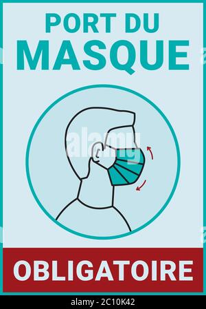 Pancarte d'affichage: Port du masque obligatoire. Covid-19. Translation: 'Wearing of mask is compulsory' Stock Vector