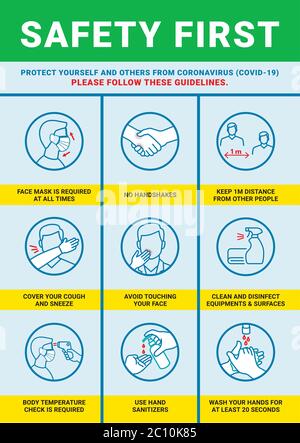 Safety First Poster for Covid19 precautions Stock Vector