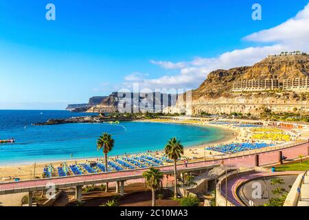 Panorama of Amadores beach (Spanish: Playa del Amadores) near famous holiday resort Puerto Rico de Gran Canaria on Gran Canaria island, Spain Stock Photo