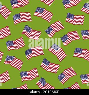 Vector seamless pattern American flags on green background. Stock Photo