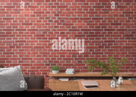 Blank red brick wall mock up in the living room. 3d rendering Stock Photo