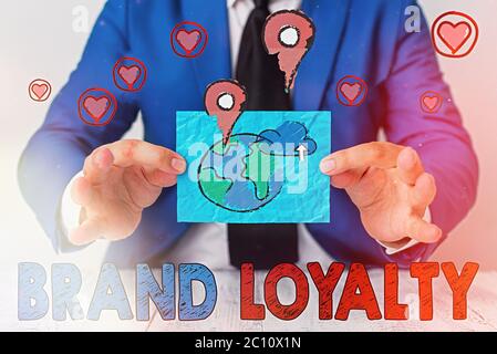 Writing note showing Brand Loyalty. Business concept for positive feelings to a brand and purchase the same product Stock Photo