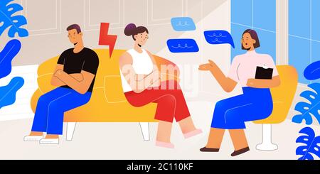 Couple on family psychotherapy counseling, woman and man getting psychological help, breaking relationship, psychologist talking to patient, modern Stock Vector