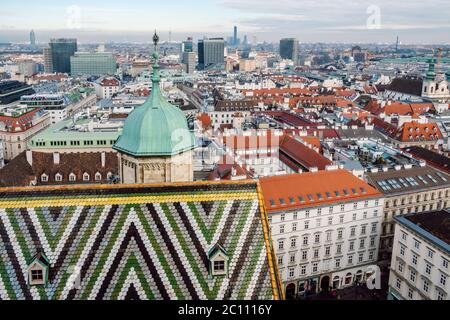 Gigantic view across Vienna from the south tower of the St. Stephen  Cathedral, panoramic cityscape,Vienna City Panorama. Stock Photo