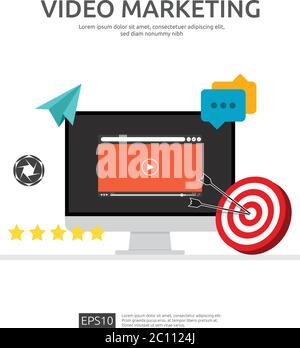 Media marketing concept. Making money from video with social network. Digital advertising promotion strategy. online vlog content flat vector banner Stock Vector