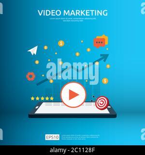 Media marketing concept. Making money from video with social network. Digital advertising promotion strategy. online vlog content flat vector banner Stock Vector