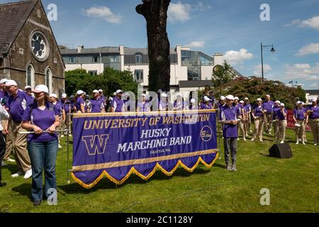 Members of the Husky Marching Band from the University of Washington Seattle USA are lined up for their performance for the 4th og July Independence Day celebrations in Killarney, County Kerry, Ireland Stock Photo