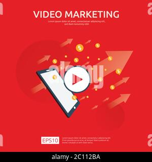 Media marketing concept. Making money from video with social network. Digital advertising promotion strategy. online vlog content flat vector banner Stock Vector