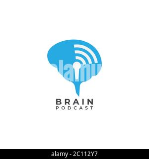 Brain podcast logo design template. Blue brain with microphone icon and signal wave illustration logo concept. Isolated on white background Stock Vector