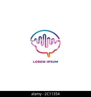 Mind wave outline logo design template. Colorful brain with pulse signal wave logo concept. Blue Magenta violet purple gradation color. Isolated Stock Vector