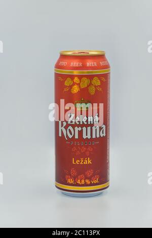 KYIV, UKRAINE - JUNE 06, 2020: Czech light lager beer Zelena Koruna or Green Crown can closeup against white bacground. It is a beer from Bohemia regi Stock Photo