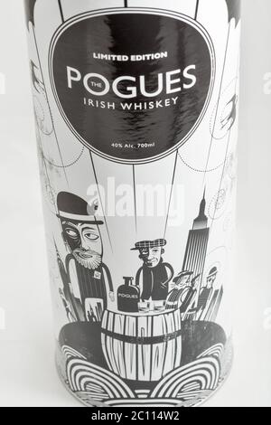 KIEV, UKRAINE - MAY 15, 2020: The Pogues limited edition blended Irish Whiskey triple distilled and matured box closeup. It is the official whiskey of Stock Photo