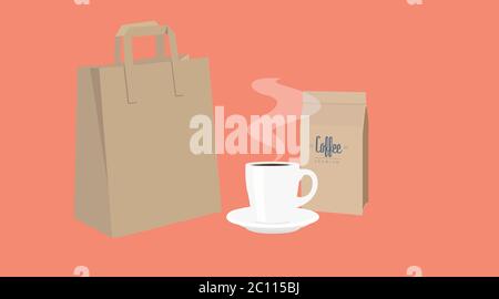 Vector Isolated Take Away Coffee Set, with a paper bag, a cup of coffee and a bag of coffee Stock Vector