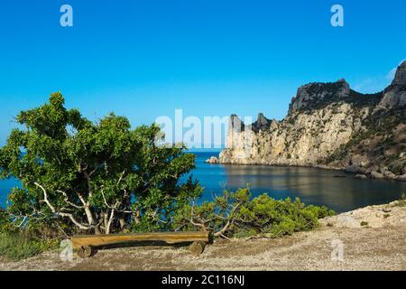 View of Blue bay and mount Karaul-Oba. Mountains in Crimea at Black sea. Stock Photo