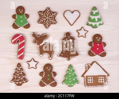 Christmas gingerbread cookies on white wooden background Stock Photo