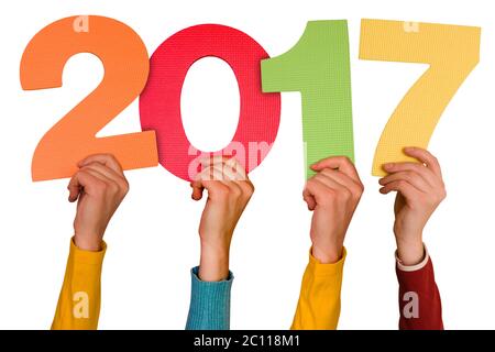 Hands with color numbers shows year 2017 Stock Photo