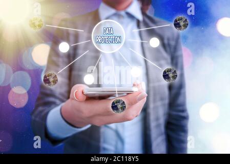 Text sign showing Data Protection. Business photo text safeguarding information away from a possible data breach Elements of this image furnished by N Stock Photo
