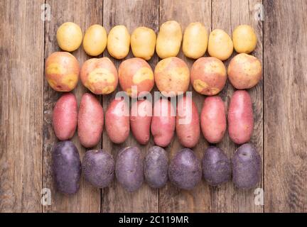 Different types of potatoes on wooden rustic table Stock Photo