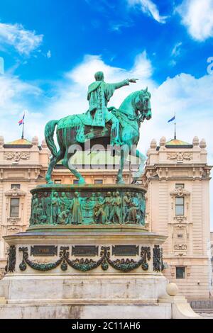 Prince Mihailo Monument on the background of the building of the National Museum in Belgrade, Serbia. Stock Photo