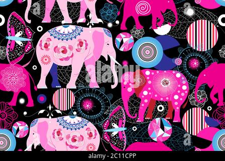 Seamless bright ornamental pattern of elephants and geometry on a dark background. Template for fabric or Wallpaper design. Stock Vector