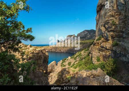 Trail Golitsyn - Falcon Path a mountain pathway carved on the side of Koba-Kaya. Stock Photo