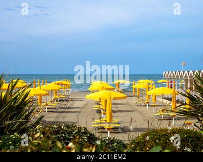 Empty beach in Ostia Lido due to the pandemic of coronavirus or covid 19 - Rome, Italy Stock Photo