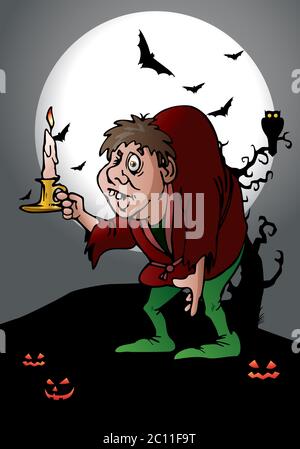 illustration of a hunchback man hold candle on hallowen background Stock Photo