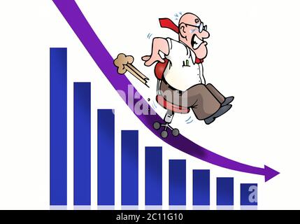 illustration of a businessman in shirt falls from above on red chair on blue chart Stock Photo