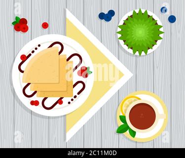 Pancakes in chocolate sauce with black tea Stock Vector