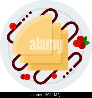 Plate of pancakes with chocolate and berries vector icon flat isolated Stock Vector